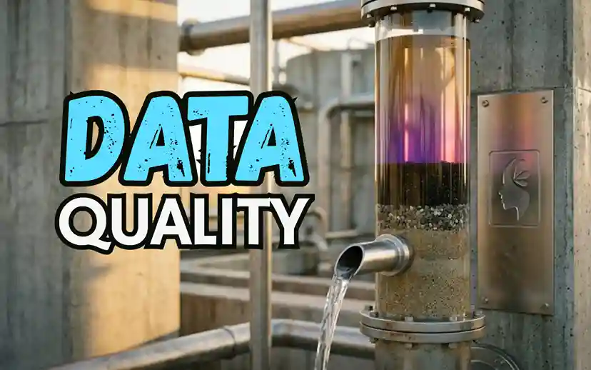 Acqua torbida che attraversa un filtro industriale ed esce pulita, con la scritta «Data quality»