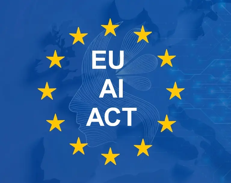 Una bandiera europea astratta con la scritta «EU AI Act»