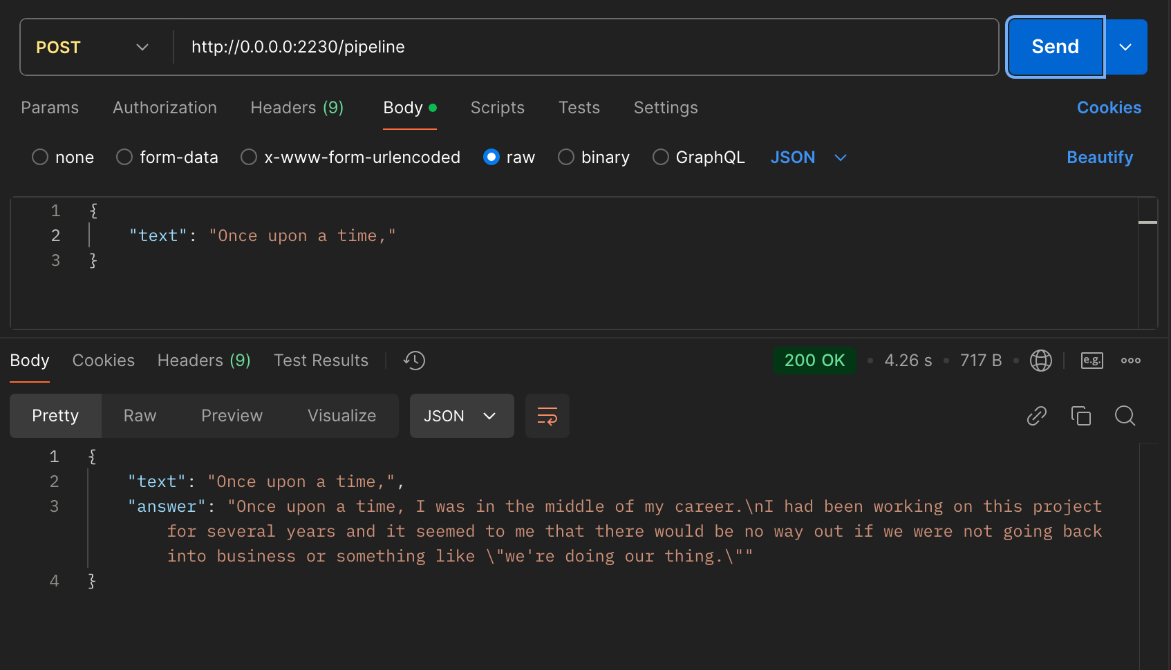 Preview di risposta chatbot agente LLM postman Volcanic Minds RAG