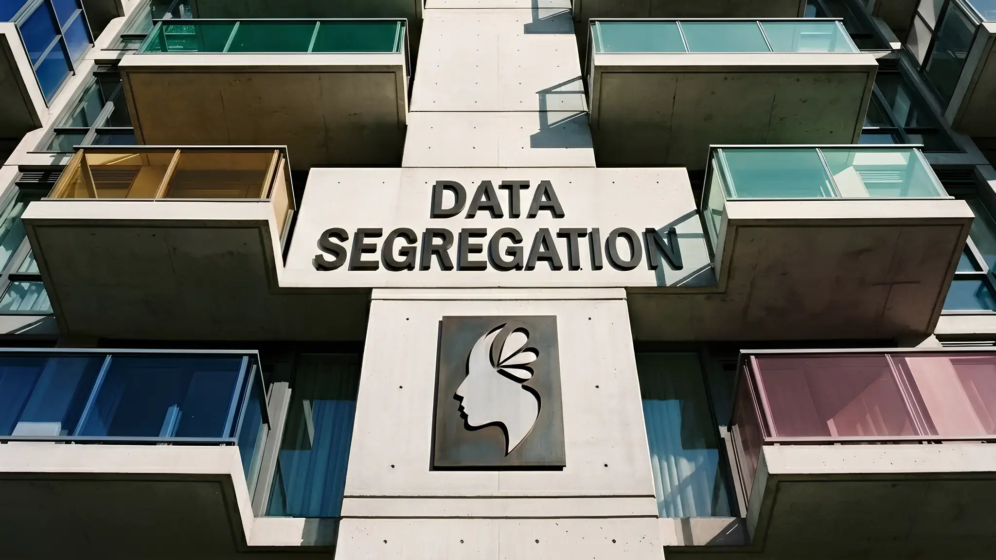 Un edificio di cemento ripreso dal basso, con la scritta «Data segregation» incisa sulla facciata