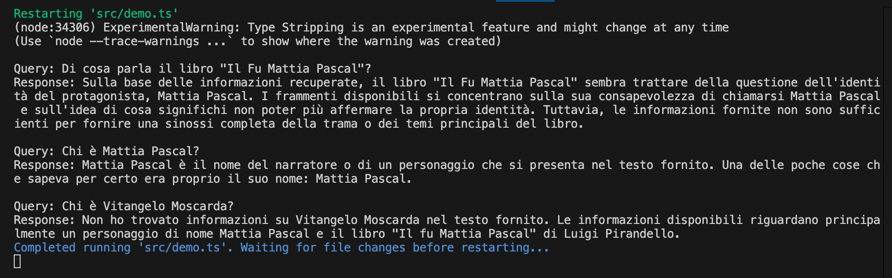 Output della console: log di esecuzione della demo Mastra AI con risposte RAG