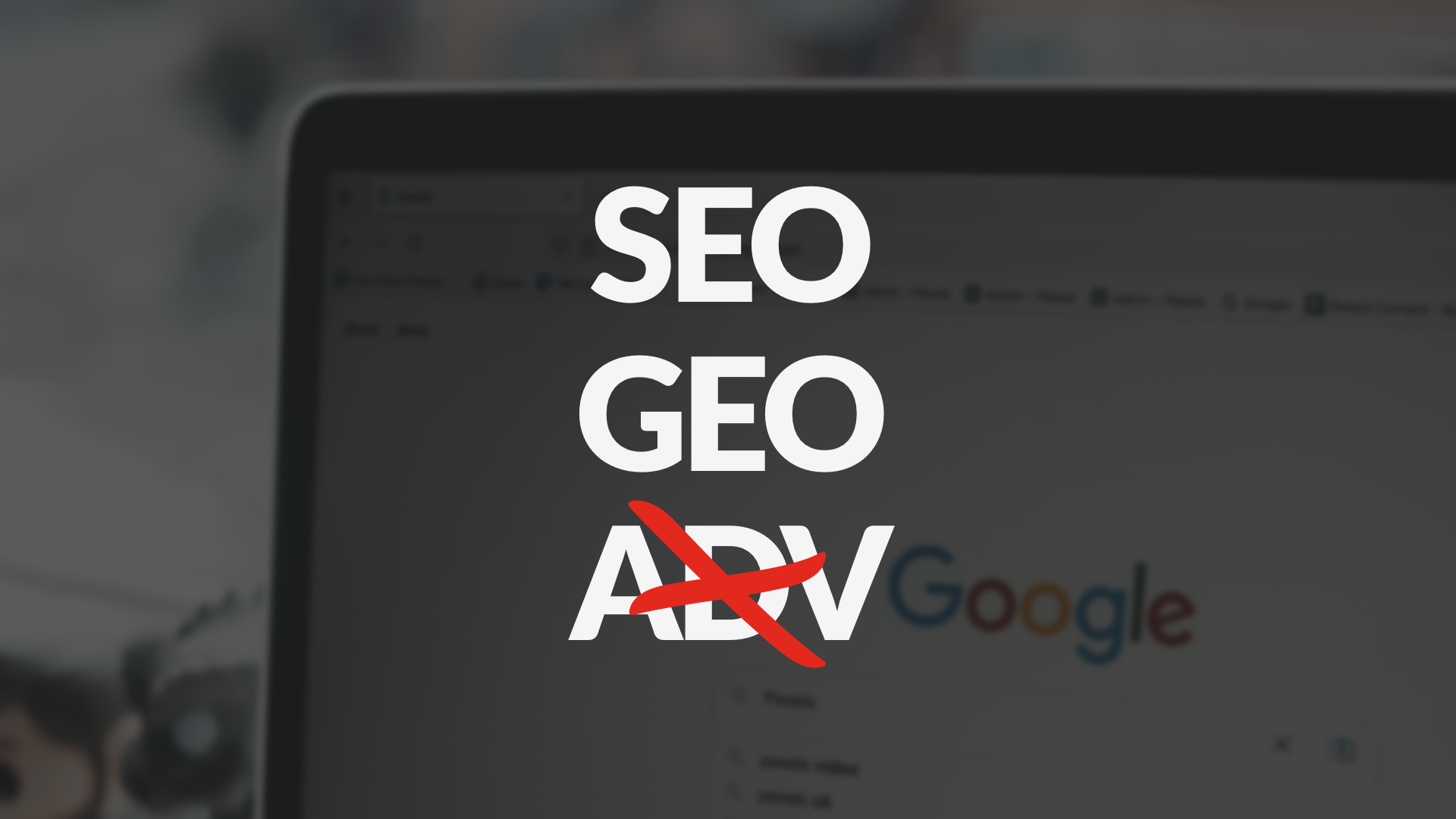 Grafica che contrappone SEO e GEO alla pubblicità a pagamento (ADV) cancellata, simboleggiando la strategia di crescita organica