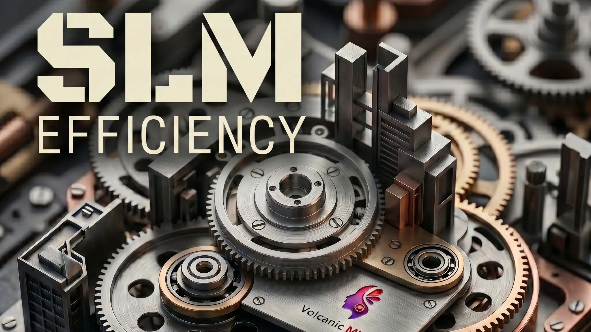 Una targa di metallo circondata da ingranaggi di precisione, con la scritta «SLM efficiency»