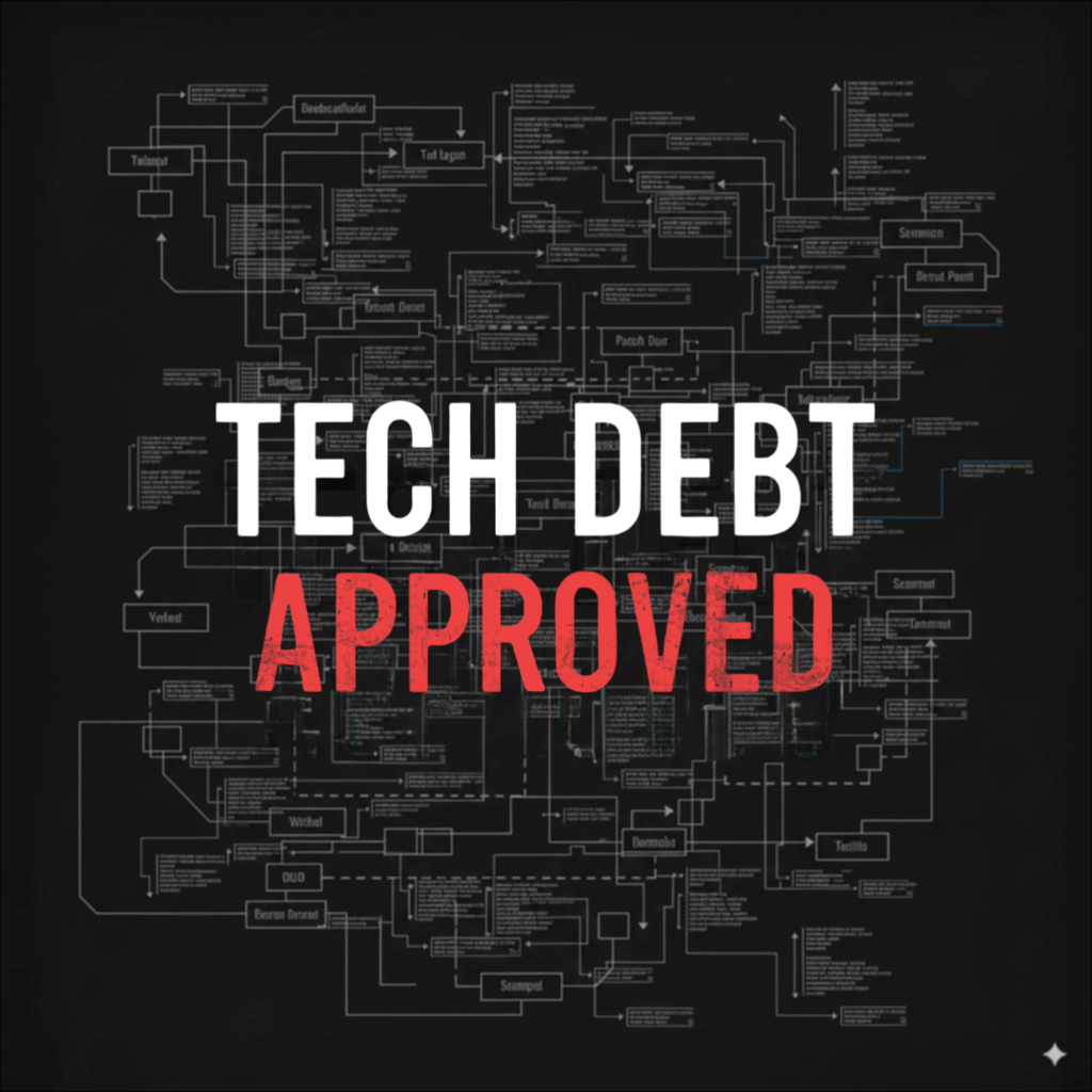 Grafica concettuale che illustra il Debito Tecnico come un mutuo strategico nello sviluppo software - volcanicminds.com