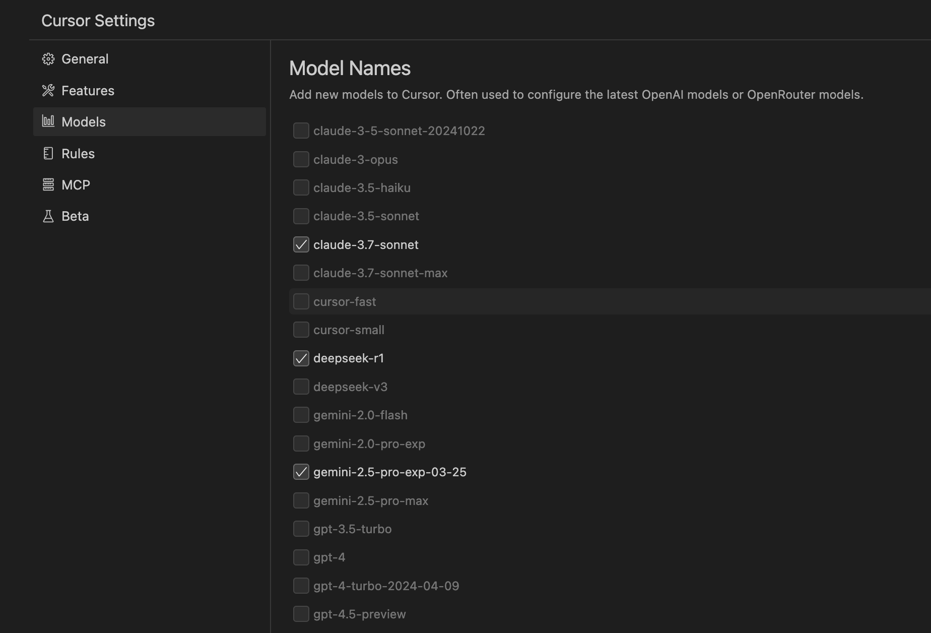 Cursor Settings: models