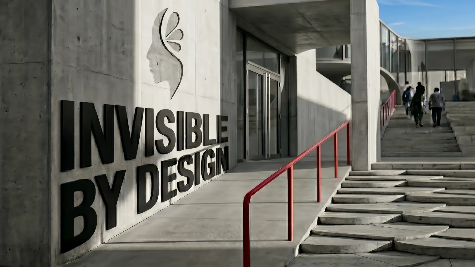 L’ingresso di un edificio con una rampa e una scala, e la scritta «Invisible by design»